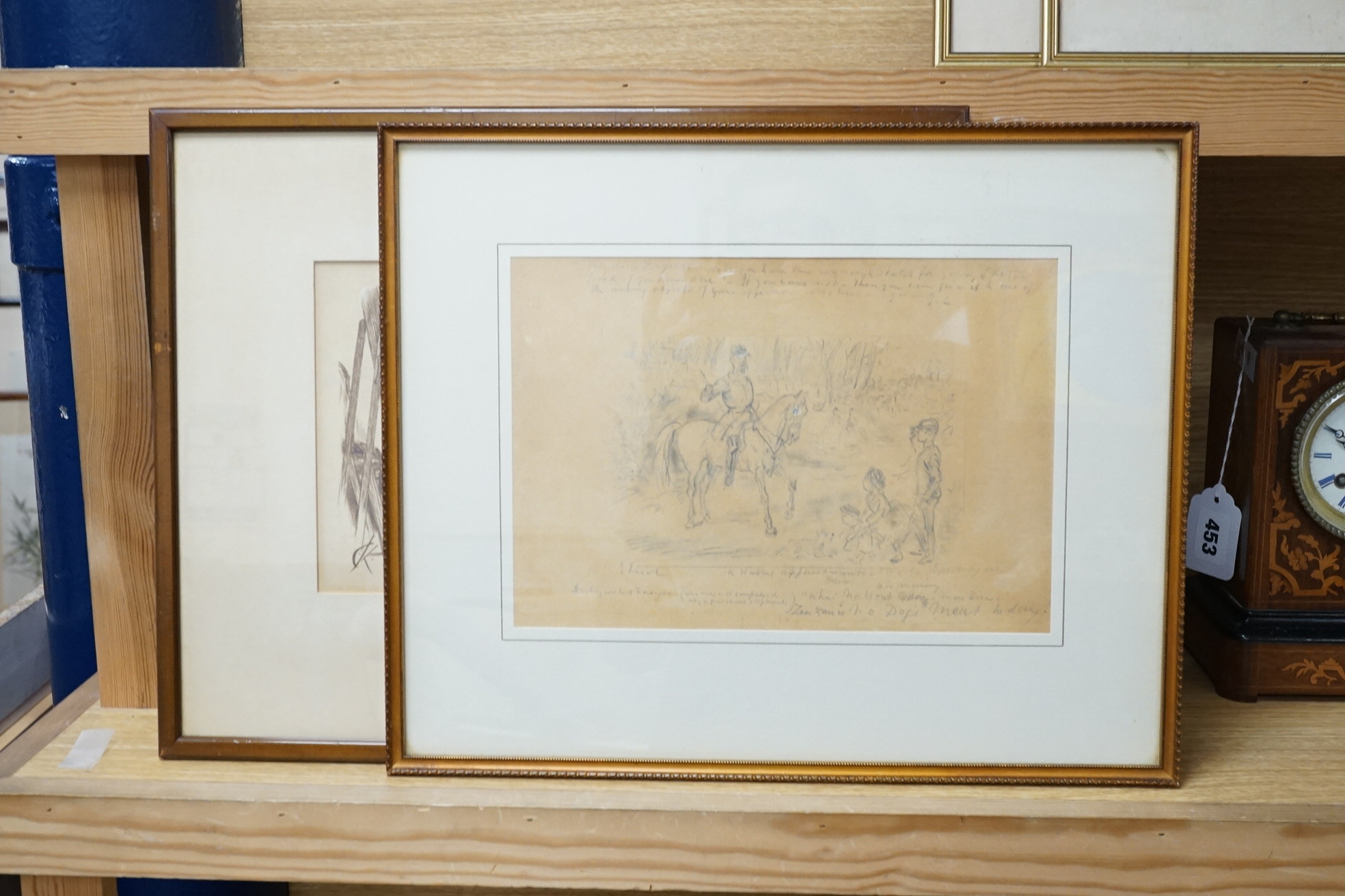Two 19th century cartoons, to include a monochrome inksketch, 'The Cunning Exhibitions', gallery label verso and a pencil study 'A hunting appointment', 19 x 27cm. Condition - fair